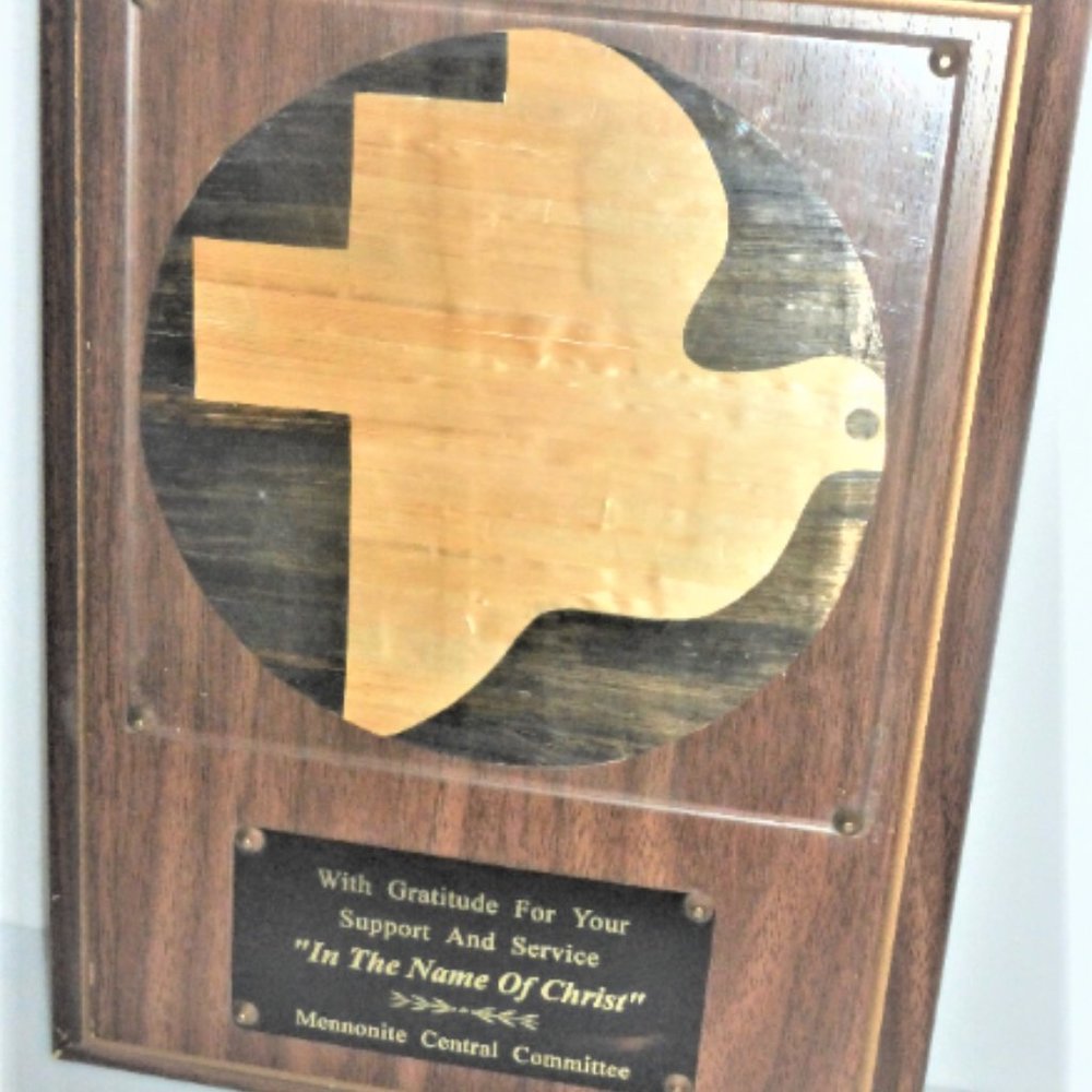 Crown Trophy MENNONITE Central COMMUNITY Plaque Award Handmade Bird Gratitude